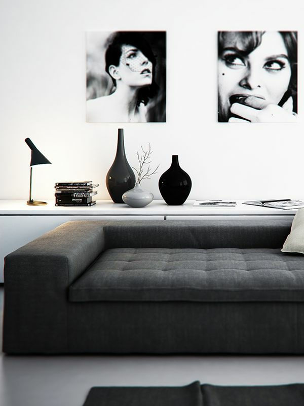 Vardagsrummet uppställt - foto i vitt och svart