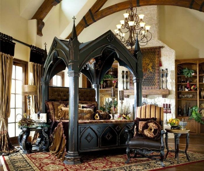 dormitor gotic mobilat cu pat dublu din lemn negru, acoperiș așezat, mobilier gotic