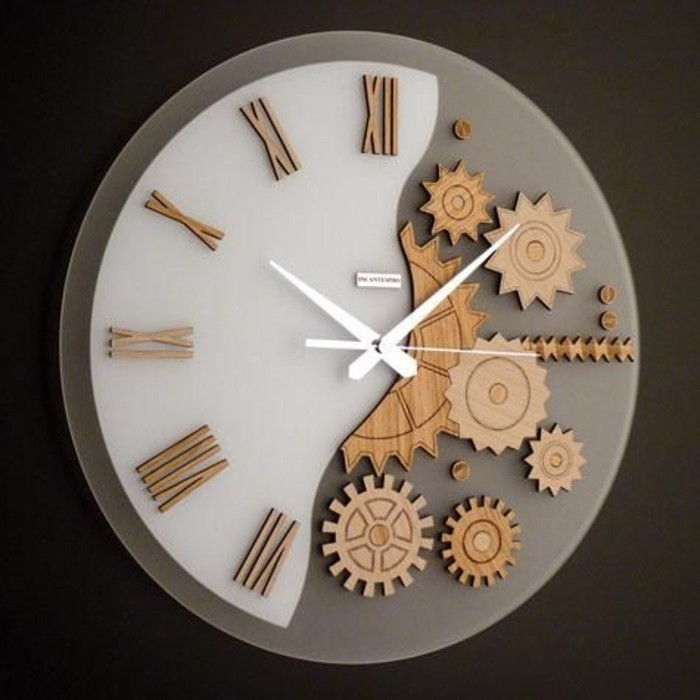 5wanduhr-design-modern-wall-clock-wood-dial-grijs-wit en wit-pointer