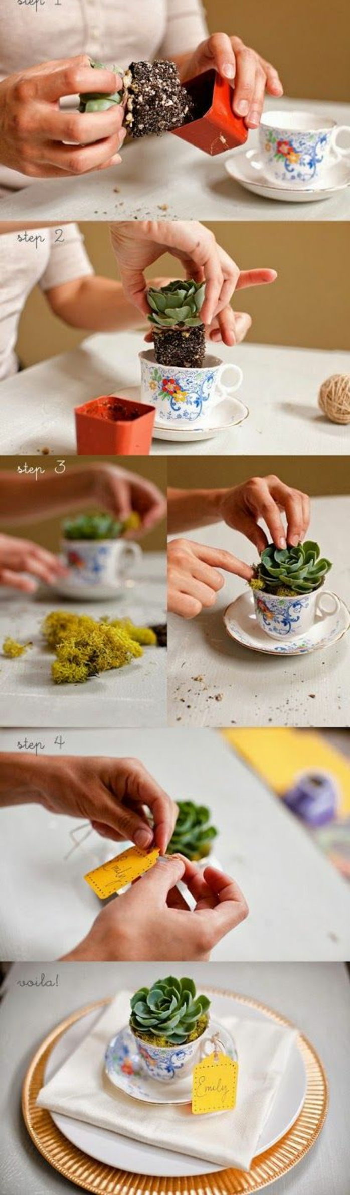 mažos gėlių vazonai, pagaminti iš spalvotų kavos puodelių, kaip stalo dekoravimas