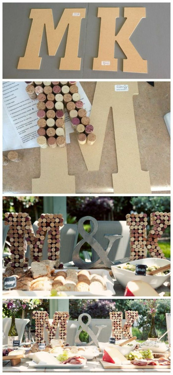 crafting cu dopuri de vin, decor de masă, litere din carton cu decorație de plută