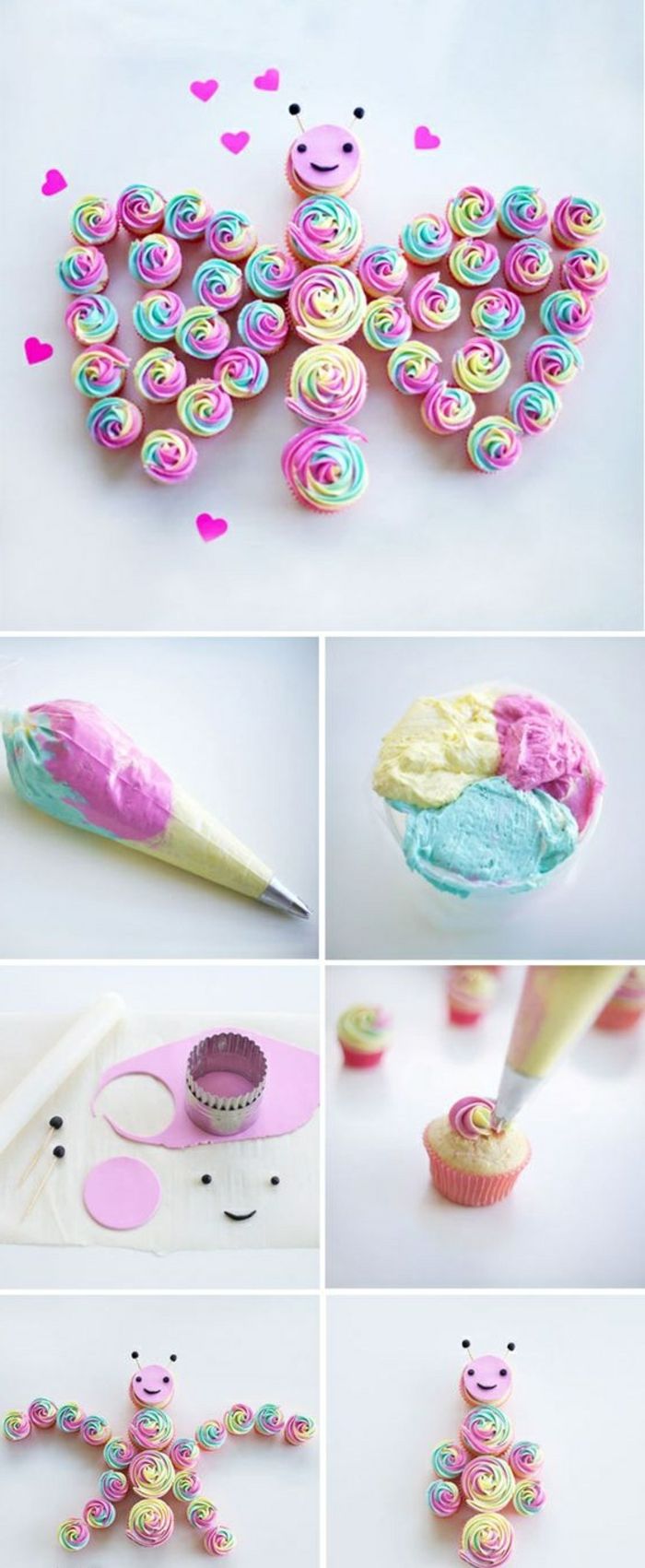 Cupcakes zdobia krémom rôznych farieb, motýľ