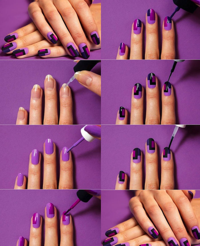 Unghiile, unghiile lungi, designul unghiilor în violet cu figuri geometrice