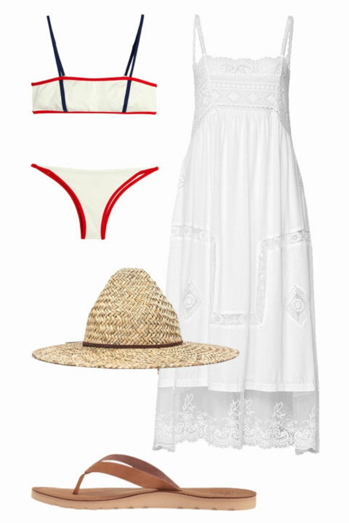 Paplūdimio apranga, baltos nėrinės suknelė su juostomis, rudos odos šlepetės, šiaudinės skrybėlės moterims, sportiškas bikinis