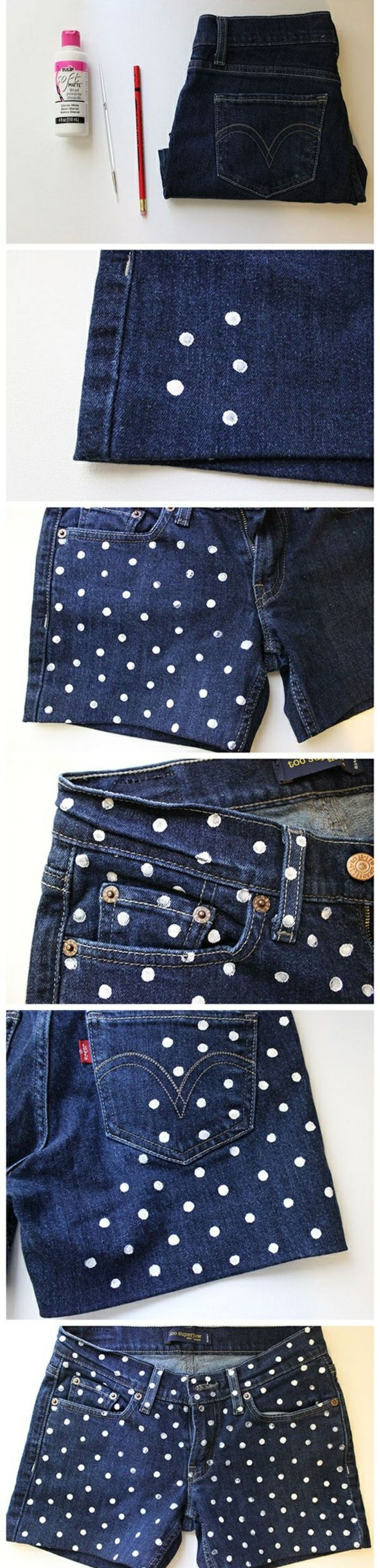 upcycling idéer - mörkblå jeans med vita prickar