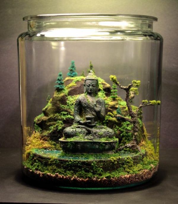 buddha staty i ett vackert terrarium