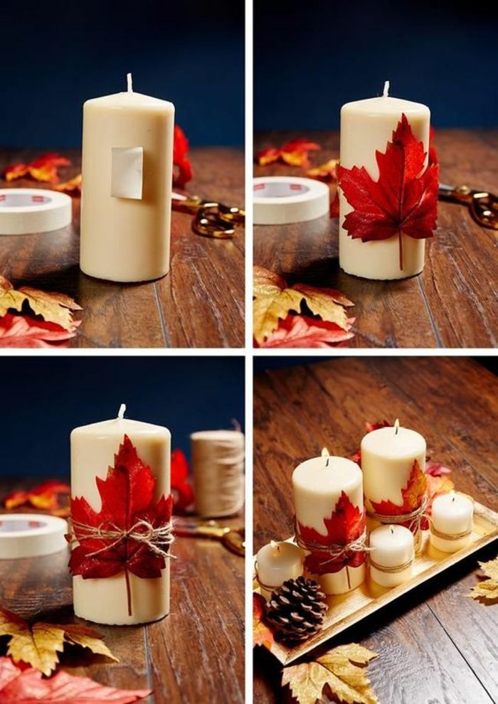 zdobenie okrúhlych bielych sviečok s listami, výzdoba stola, borovicové šišky