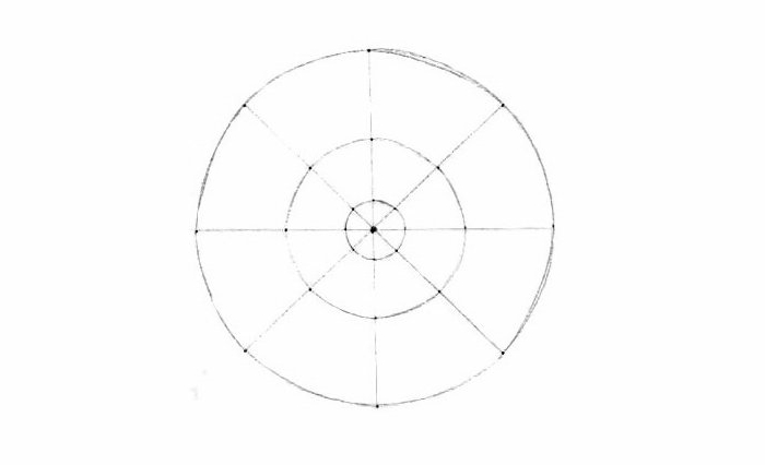 Tinta Mandala, linhas de base, três círculos com diferentes tamanhos, linhas retas, pontos