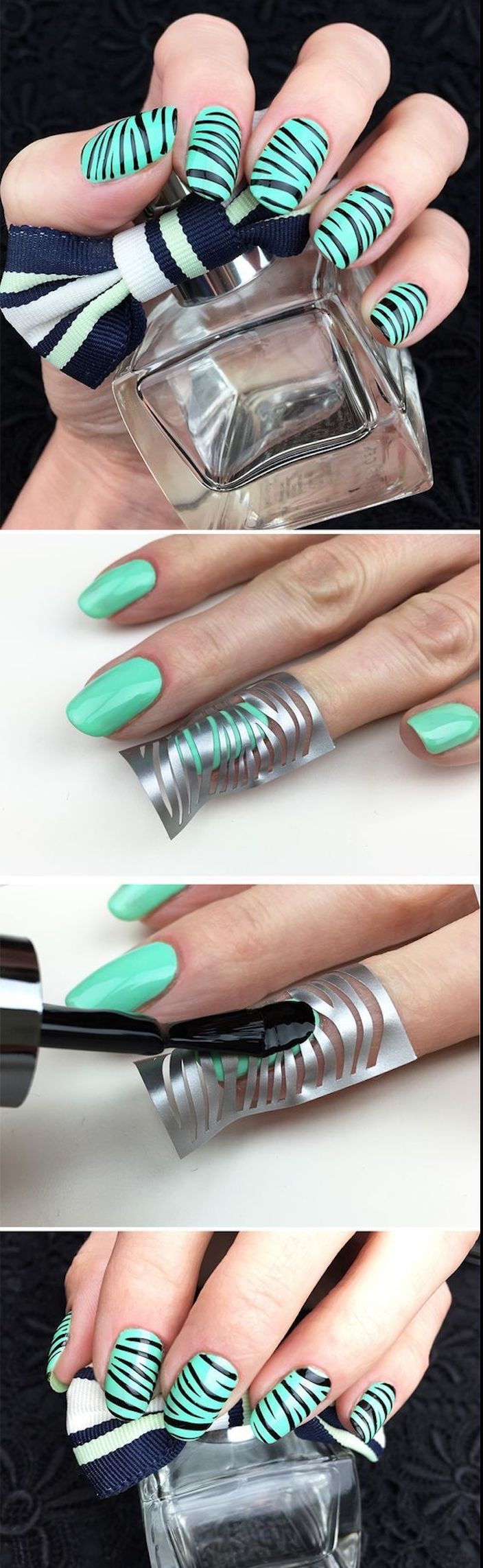 unghii de design gâtuire, unghii zebra face-te, unghii de design în verde și negru