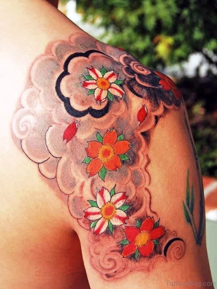 Tatuaje japoneze pentru femei, tatuaj colorat cu motive de floare de cireșe