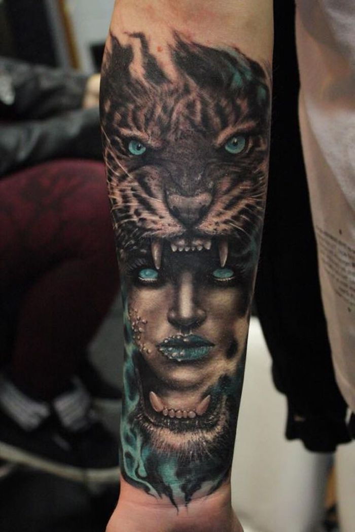 tiger huvud tatuering, blå ögon, kvinna, arm tatuering