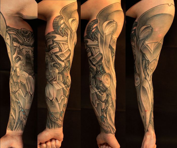 zwart en grijs biomechanica tatoeage op de arm, tatoeages voor mannen