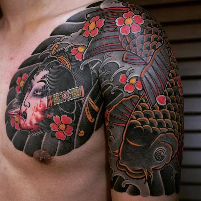 tatuaje japoneze pentru bărbați, tatuaje pe umăr și piept