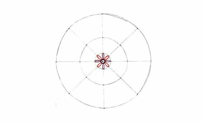 Pintura Mandala, base, fundação, círculos, linhas de conexão, pontos, pequenos detalhes em vermelho e roxo