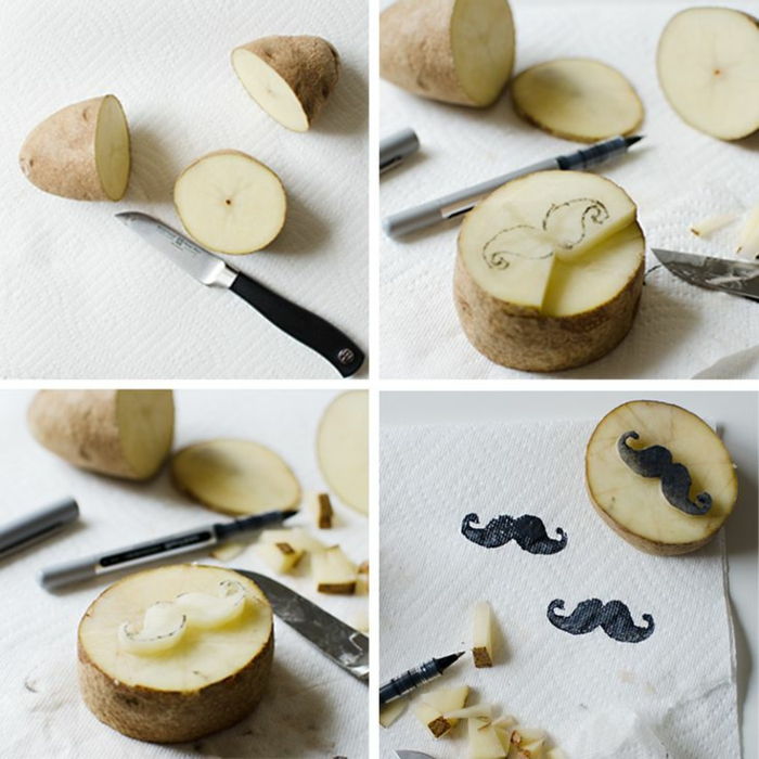 DIY stämpel gjord av potatis tinker, kniv, skärare, mustasch