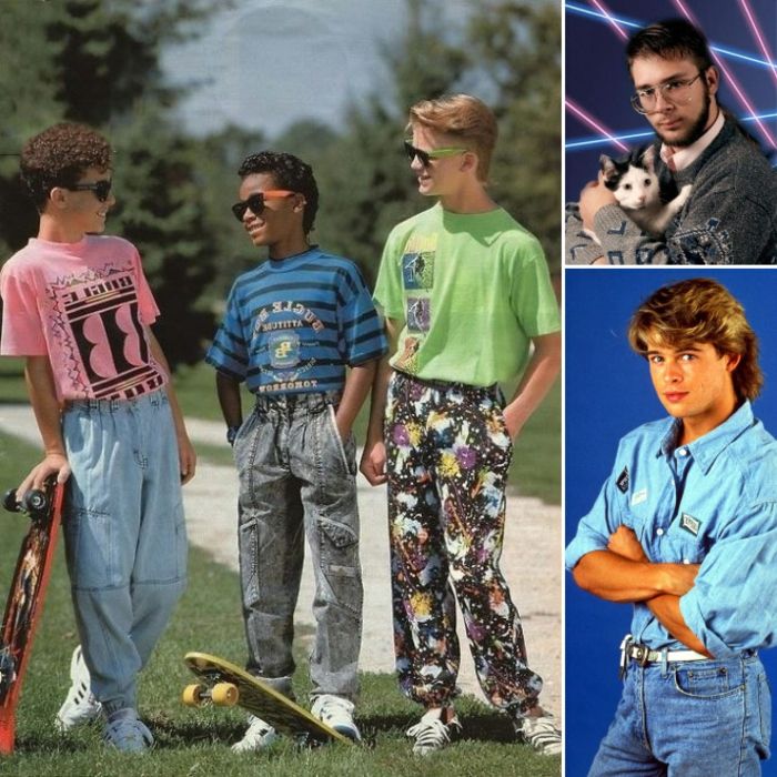 Moda dos anos 80 para as crianças - calças coloridas com estampa, jeans lavados, Stakebords, suéter com estampa