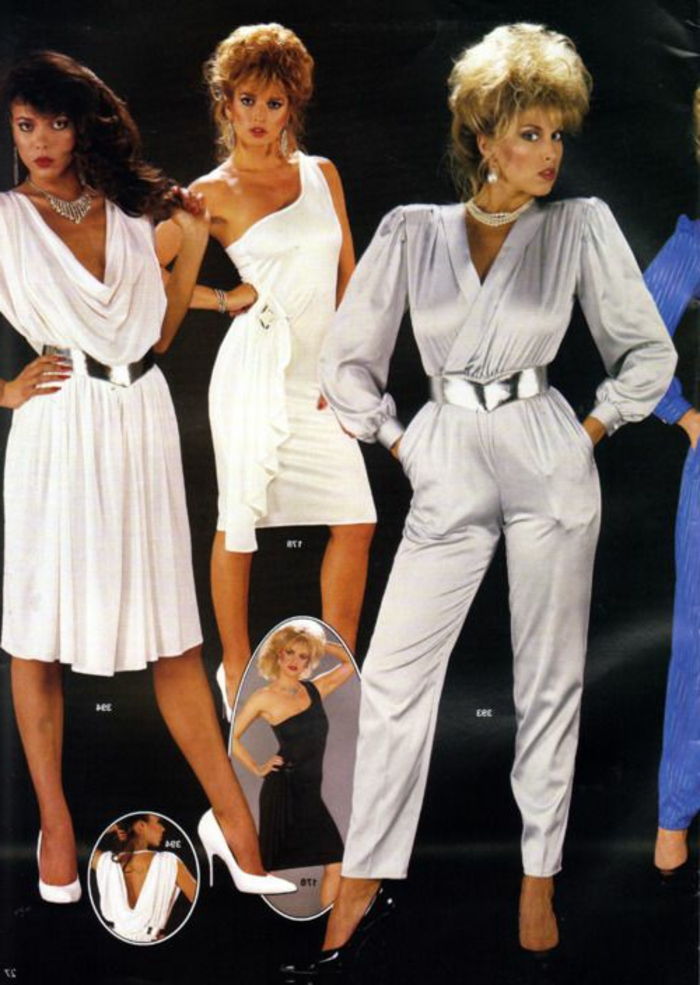 eleganta 80-tal klänningar för kvinnor, vit klänning med vattenfall hals och svart bälte, strapless klänning, silver tröja remmar