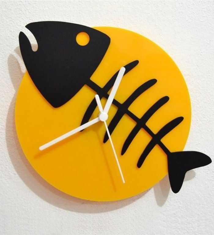 8wanduhr-dizaino juodos žuvų kaulai-žuvis-kaulų-balta-žymeklis geltonas sujungimo