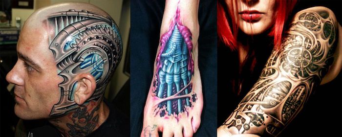Ženska z nadlaketnim tatoo, moški z biomehaničnimi tatoo na glavi