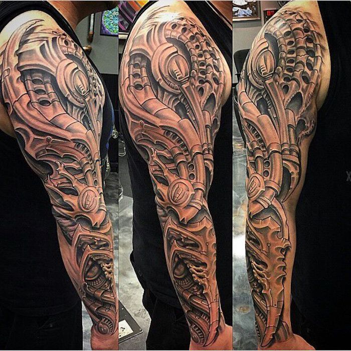 tattoo predloge moški, človek s tatoo z rokavom z deli stroja