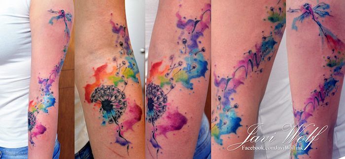 tatuaje cu semnificație, tatuaj acuarelă pe braț, tatuaj colorat