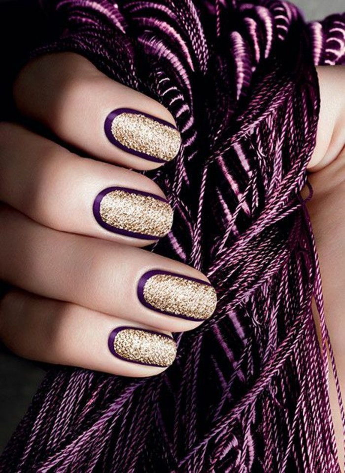 9 paznokieć design-eve-połyskujące złoto-i-fioletowy manicure paznokci