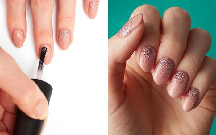 nagel design galleri, beige naglar dekorerad med glitter nagellack