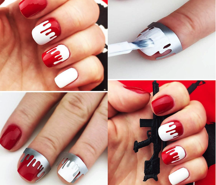 Nails mönster, halloween spik design i vitt och rött, blod