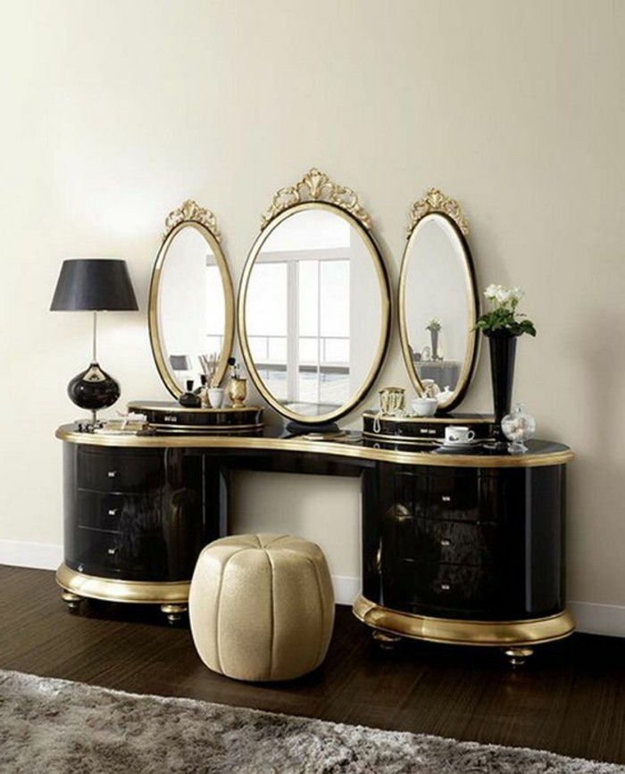 9-dressing table-black-round-mirror-with-gold frame-beige-stool