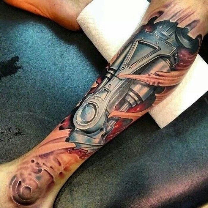tattoo sjablonen mannen, biomechanische tatoeage op het been