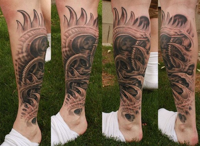 tattoo been, man met grote tatoeage met biomechanische motieven