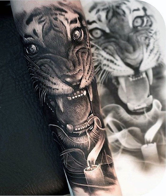 tatuaggio testa di tigre, disegno in bianco e nero, candela