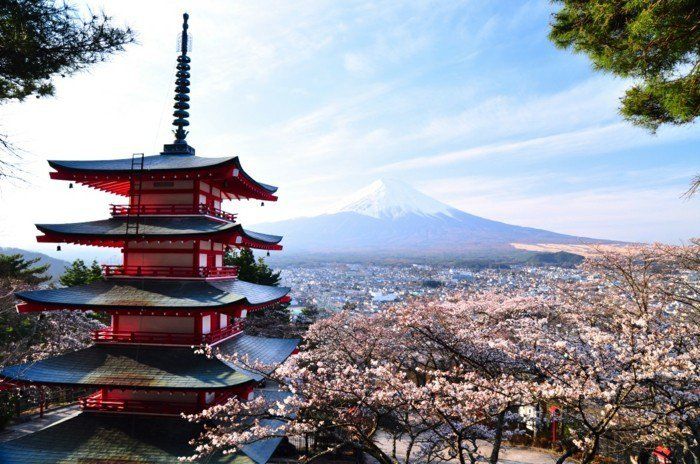 Utsikterna för Japan typiska Cottage Mountains Blossom Trees