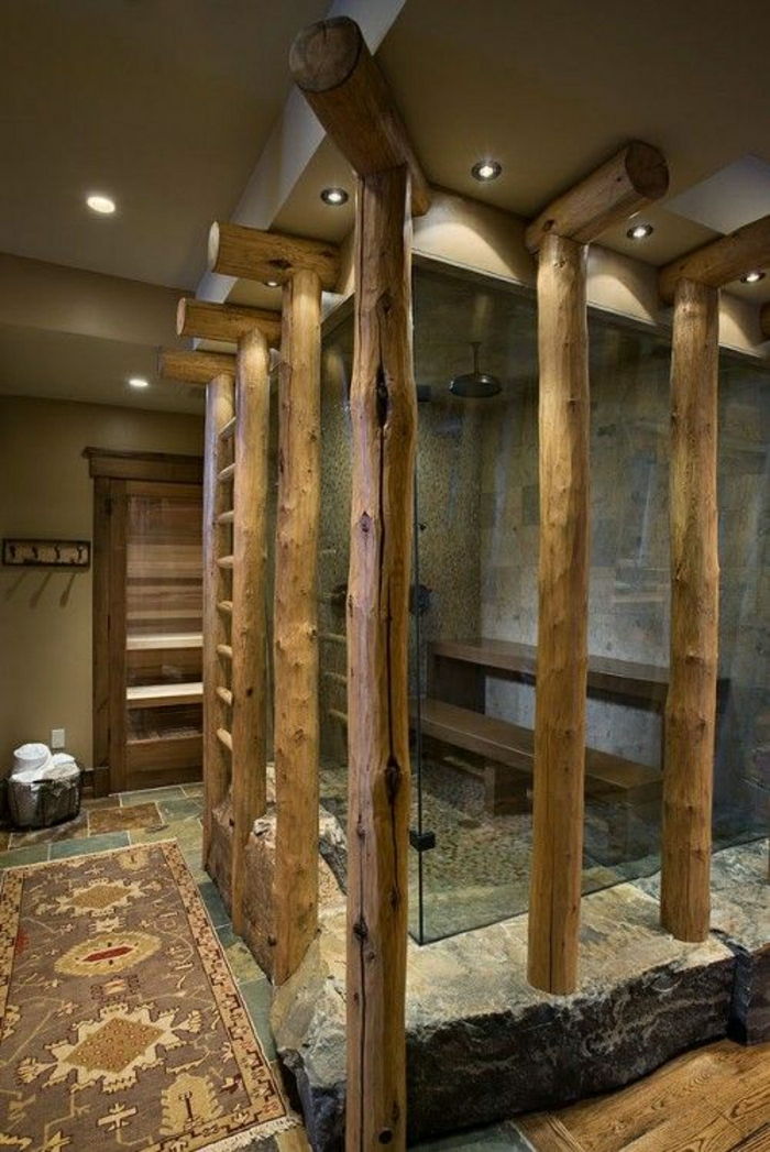 Vonios kaimiško stiliaus dušo kabina medienos stiklas akmuo kilimas