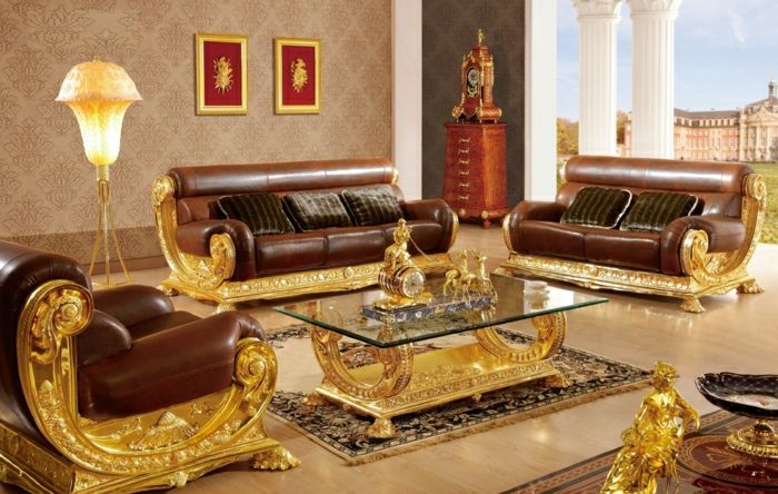 Em estilo barroco mobiliário italiano Leather Wallpaper ouro com ornamentos