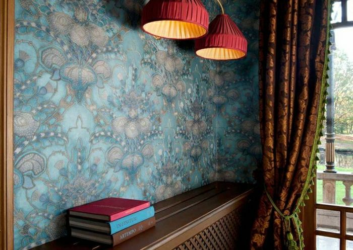 cortinas papel de parede azul-vermelha barroca Lights Books