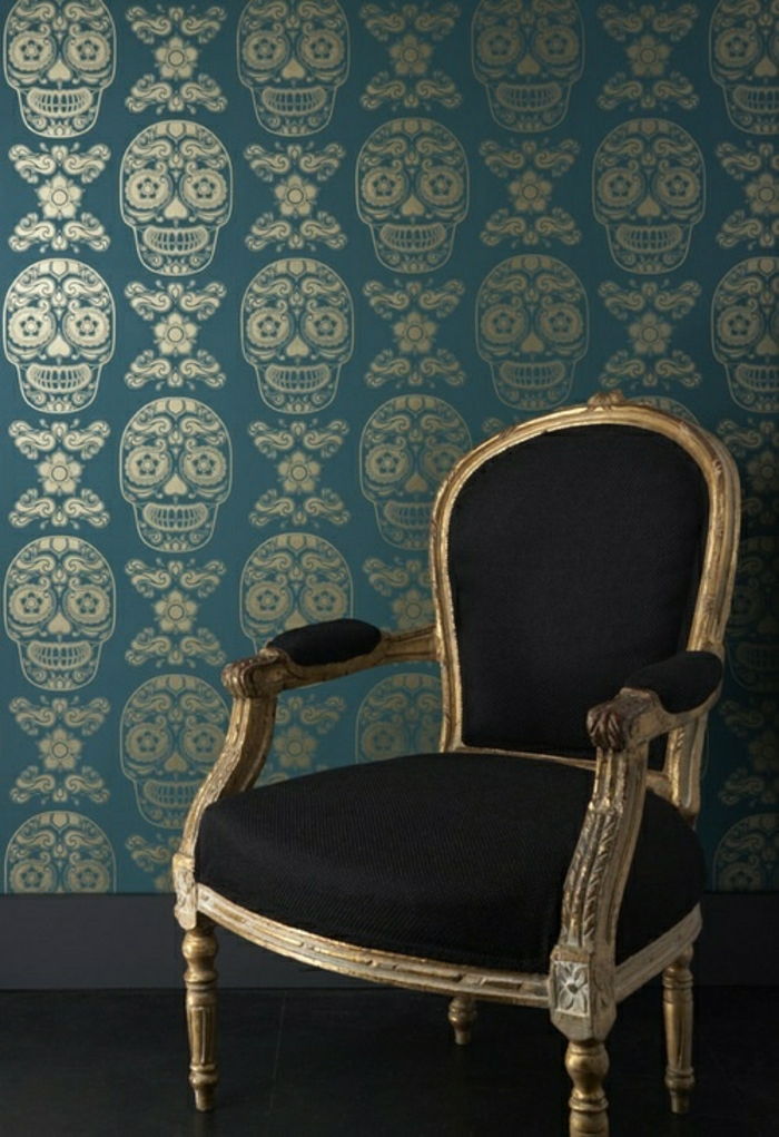 Barok geïnspireerde behang turkoois blauw en goud Skull