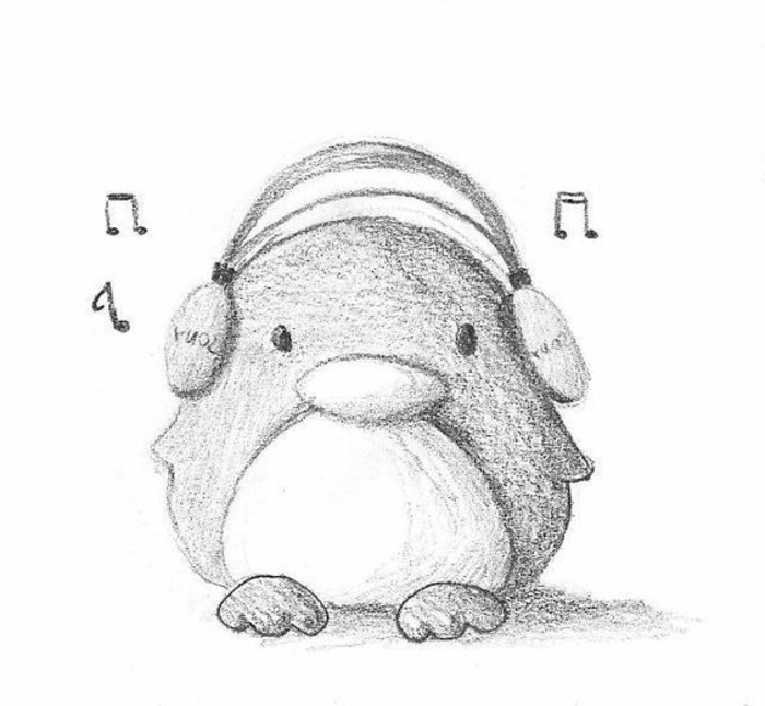 Blyertsteckningar-a-Penguin med hörlurar