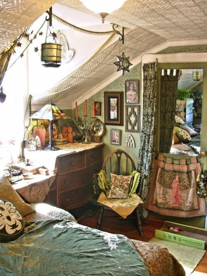 tende Boho-Antique-camera da letto-verde luci raso