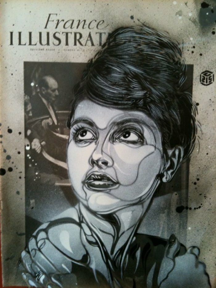 C215 artysta graffiti, street-art czerni i bieli twarz kobiety
