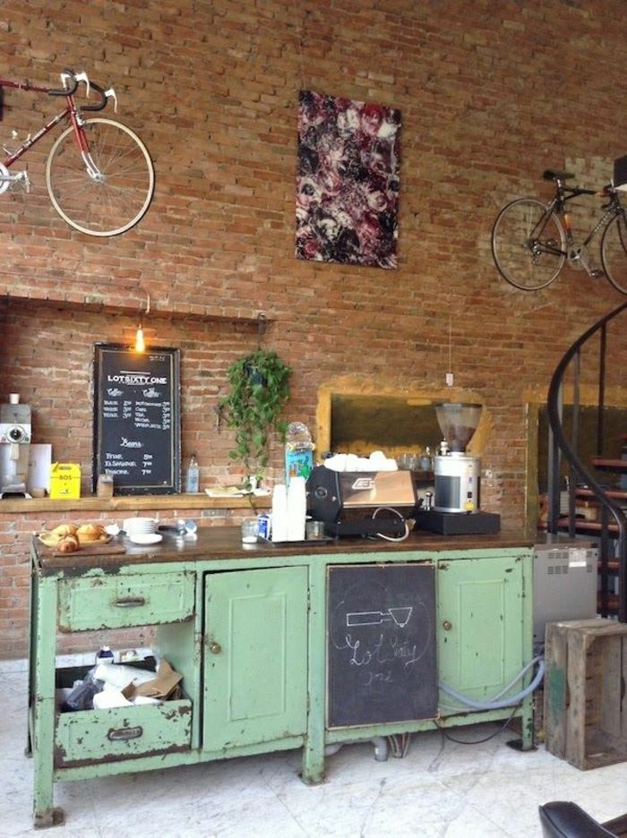 paredes Cafe de tijolo decoração da parede ideia bicicletas