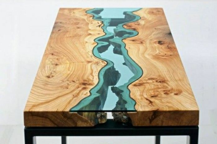 Coffee Table Decoration Wood Blue Glass River Imitation