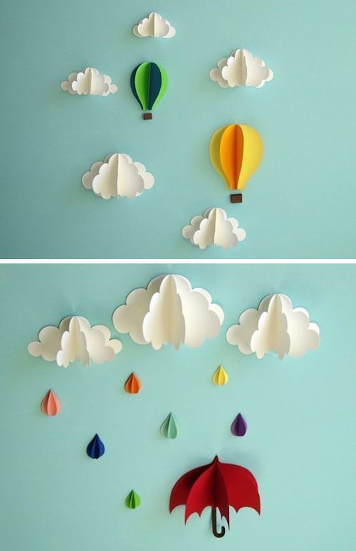 creatief decoratie-idee, figuren voor de muur van papier, wolken, regenparasols