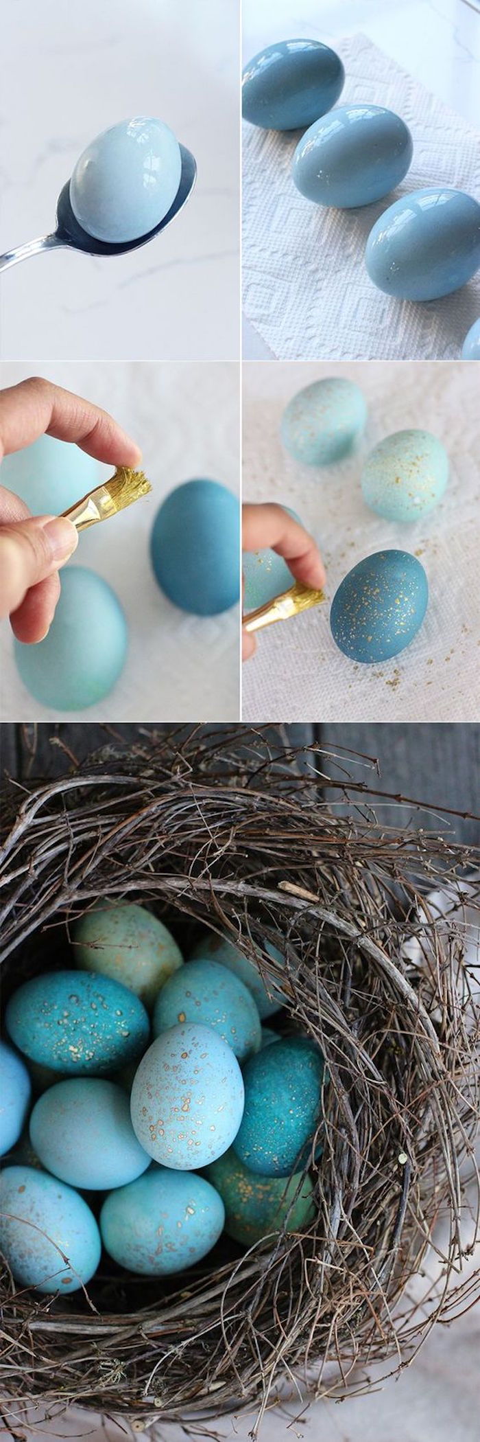 DIY apdailos idėja, Velykiniai kiaušiniai mėlyna su bruku, Velykų lizdas