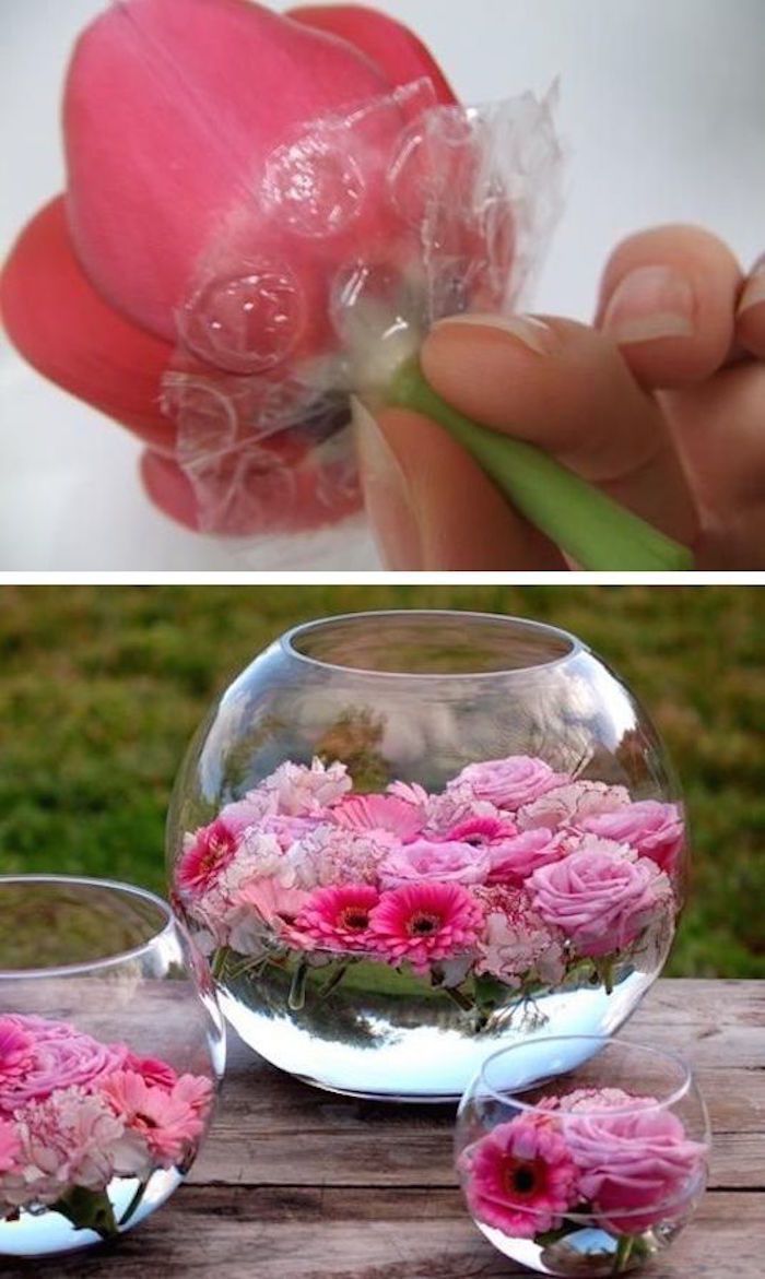 DIY-decoratie-idee, bloemen met noppenfolie in glazen kom, lang vers blijven, ruimte versieren