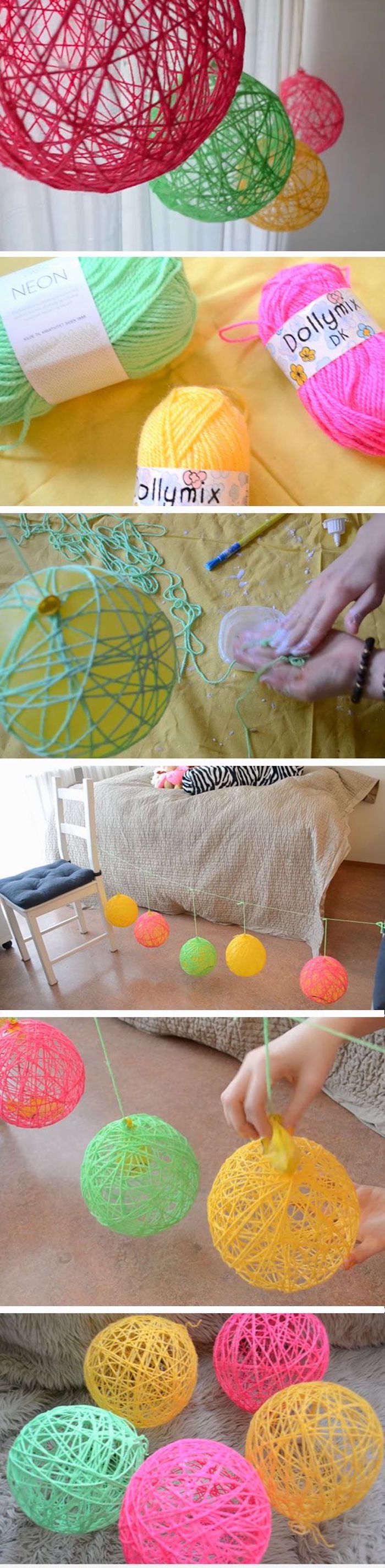 DIY deco idé, färgglada bollar av garn eller ull tinker, rum dekoration