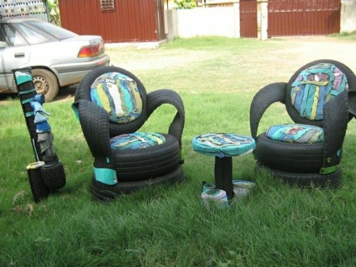 DIY meble z opon samochodowych opon samochodowych recyklingu turkusowe malowane spoczywa