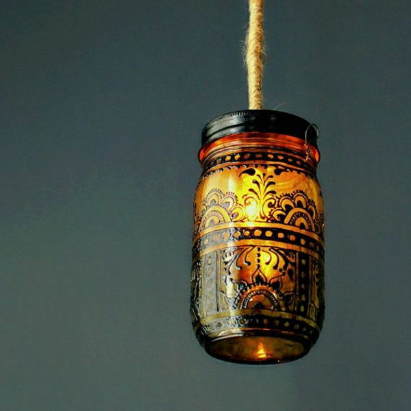 Einweckglas Lantern amberkleurig en zwarte henna decoratie