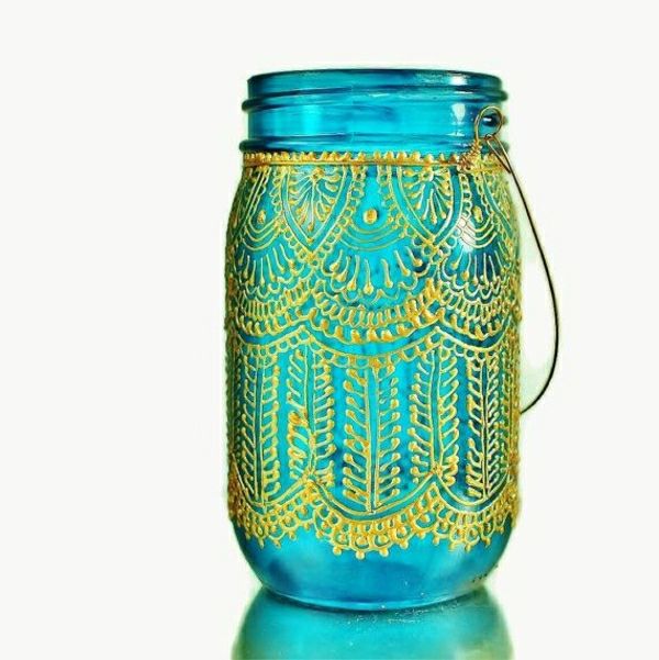 Einweckglas Lantern Blue-gyllene visa detaljer dekoration marockansk stil