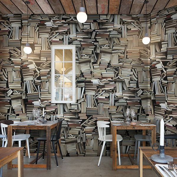 parede livros Mural no restaurante-redimensionada